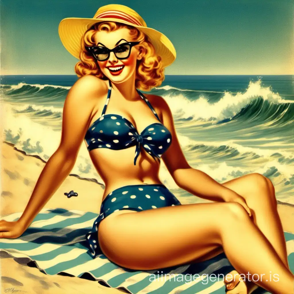 Элвгрен Гил,весёлая девушка в стиле пинап, ретро,лежит на берегу моря, волны,на песке в мини бикини, тёмных очках, лучшее качество