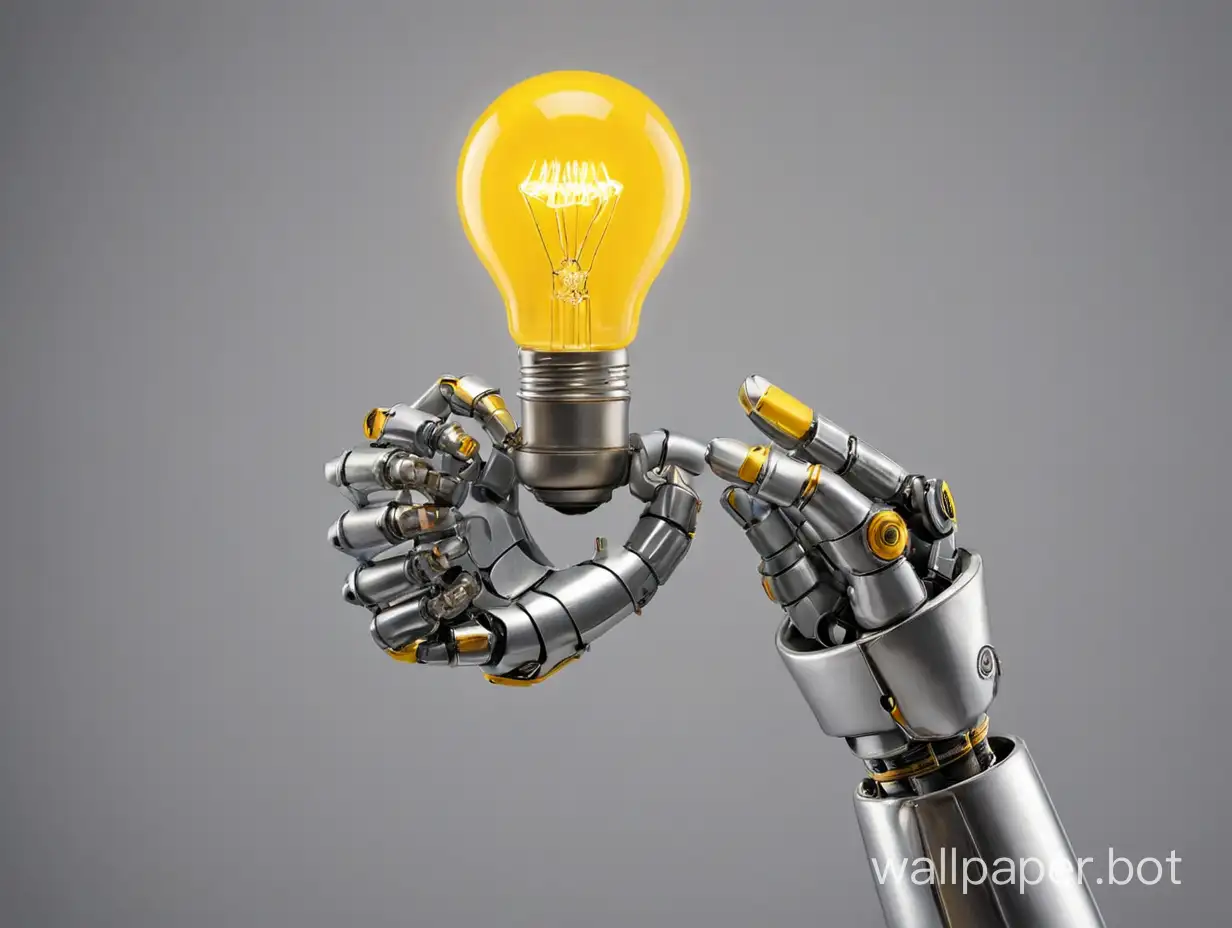 robot, silver hand holding a yellow light bulb, silver background