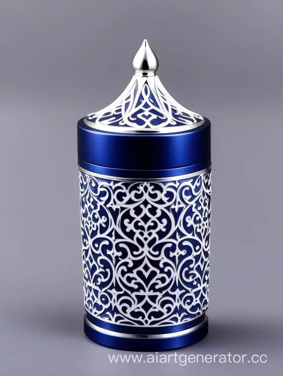 Luxurious-Zamac-Perfume-Ornamental-Cap-in-Shiny-Dark-Blue-with-Matt-White-Arabesque-Pattern