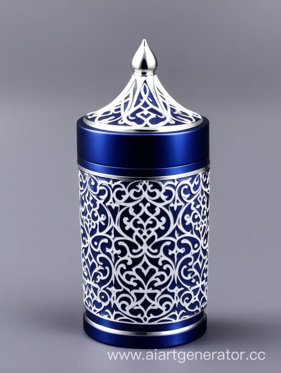 Zamac Perfume decorative ornamental long cap, SHINY DARK BLUE  color with matt WHITE border line arabesque pattern shaped | metallizing finish