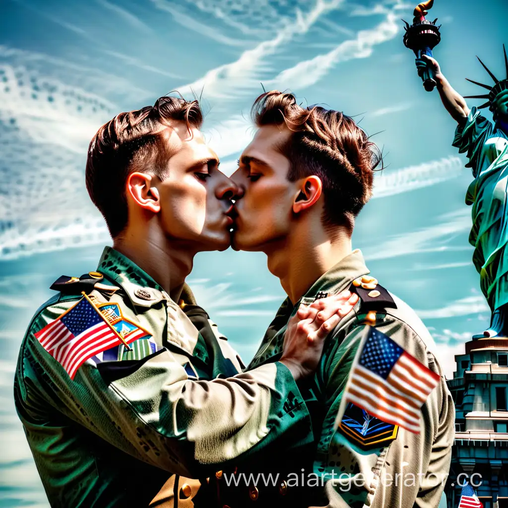 два красивых парня военных страстно целуются на фоне статуи свободы высокая детализация изображения