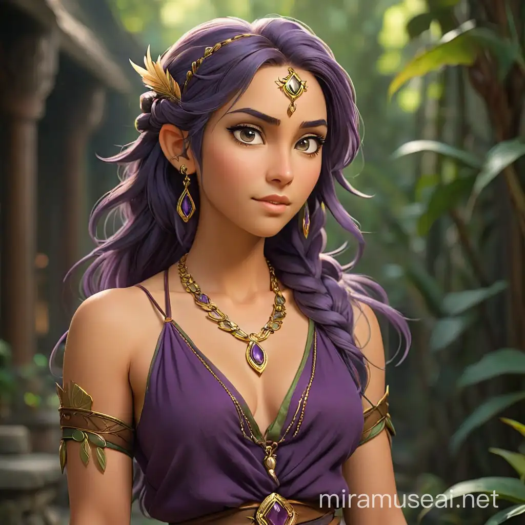 Elven woman with golden tan, with dark green hair down to her mid-back, she has wide tawny eyes, wearing royal purple harem pants with a violet crop top, a large white feather inserted into a hair braid, wearing a claw necklace.