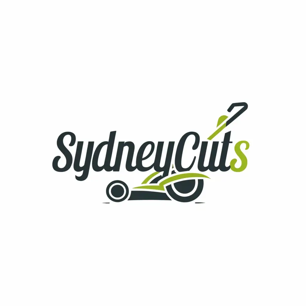 a logo design, with the text 'SYDNEYCUTS', main symbol: LAWN MOWER CUTTING GRASS, Moderate, clear background