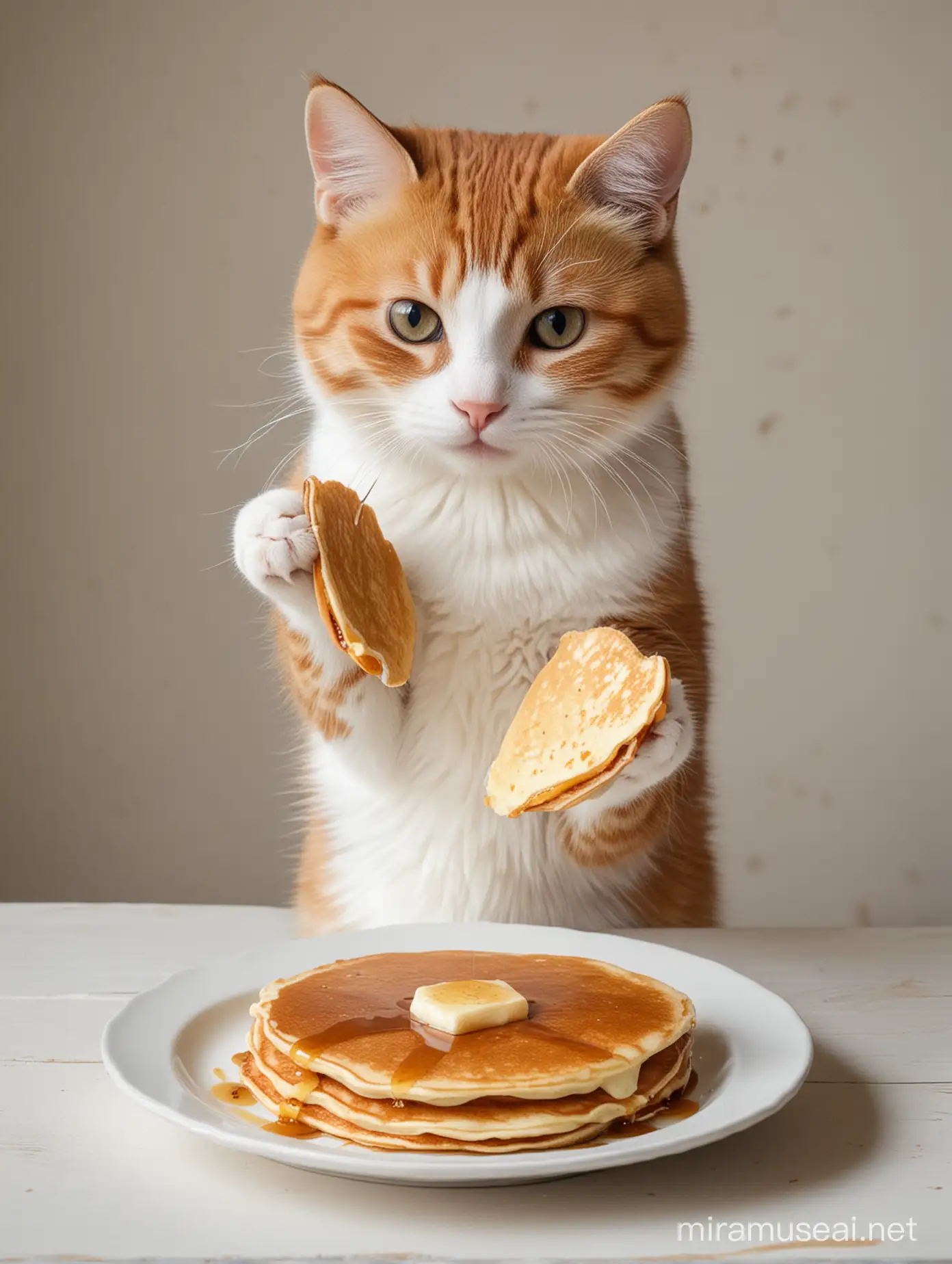 Adorable Cat Enjoying Delicious Pancakes