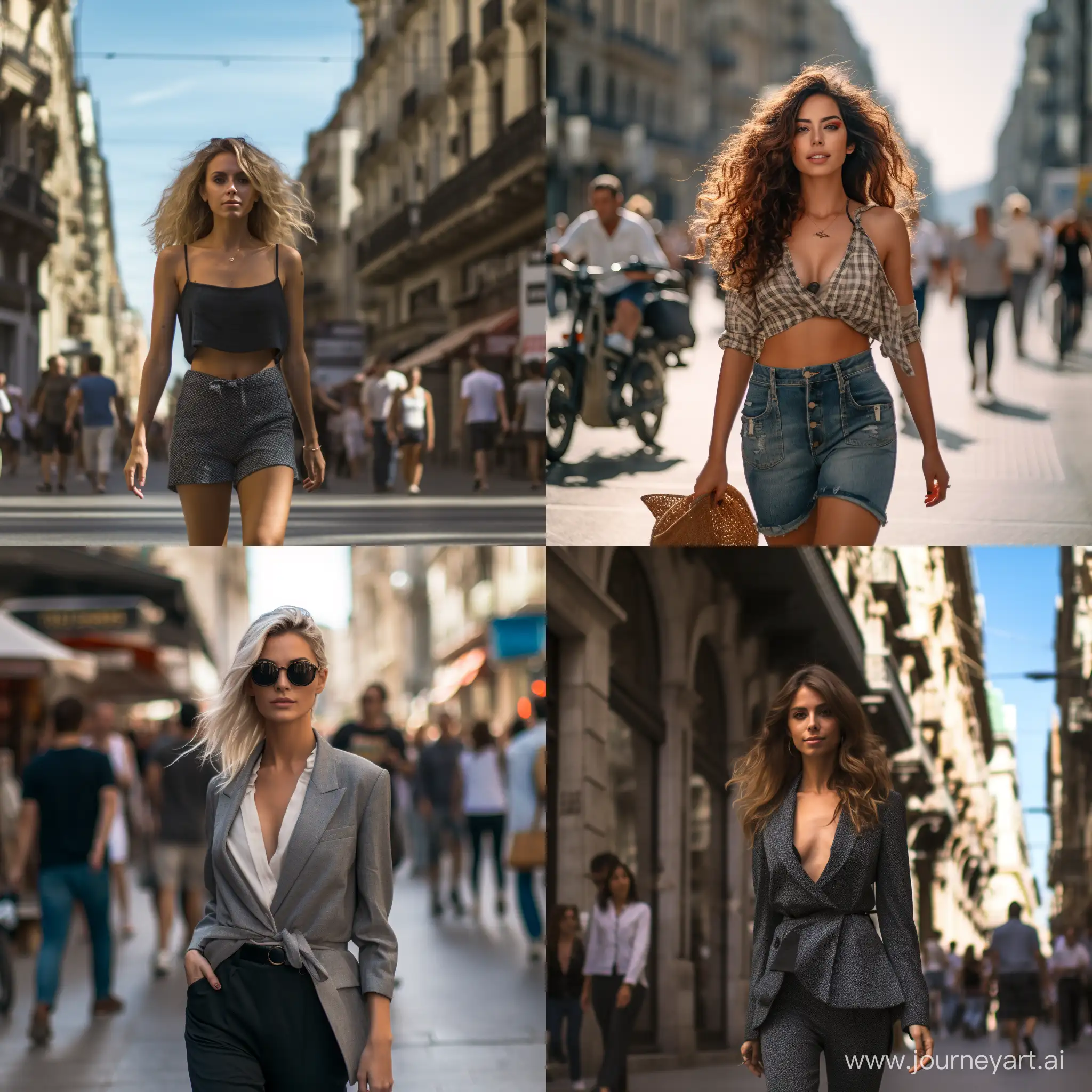 a full body woman walking by the streets in barcelona , shot with sony alpha a9 II and sony FE 200/600mm , natural light, hyper realistic, photograph, ultra detailed 