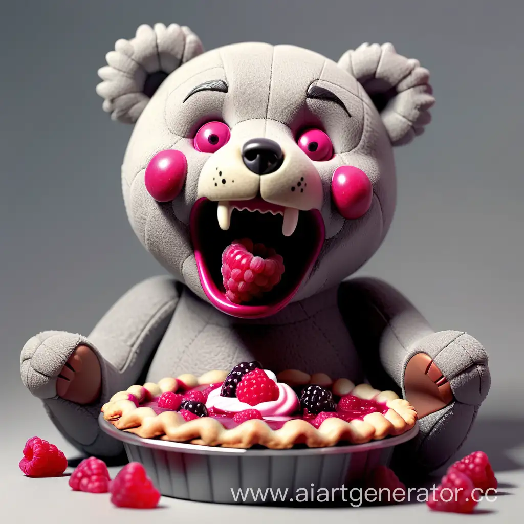 Серый teddy bear в экстазе с малинлвым пирогов в зубах