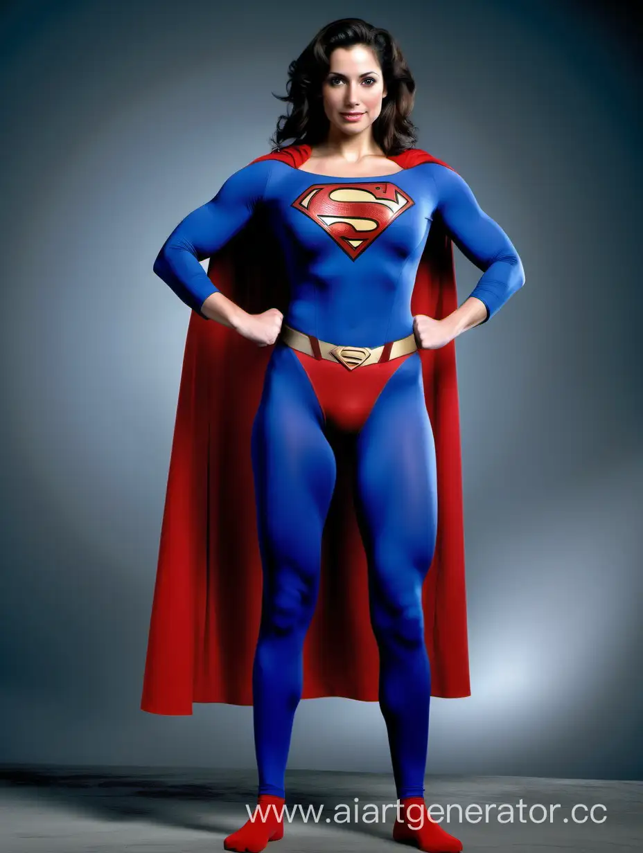 A pretty woman, middle Eastern, brown hair, age 26, happy, ((extremely muscular)), huge arm muscles, huge leg muscles, huge chest muscles, huge abdominal muscles, huge breasts, superhero, powerful, heroic, mighty, massive.
Superman costume, full body, matte spandex, (blue leggings), blue sleeves, red briefs, a long cape.
Superman The Movie.
Photo studio.