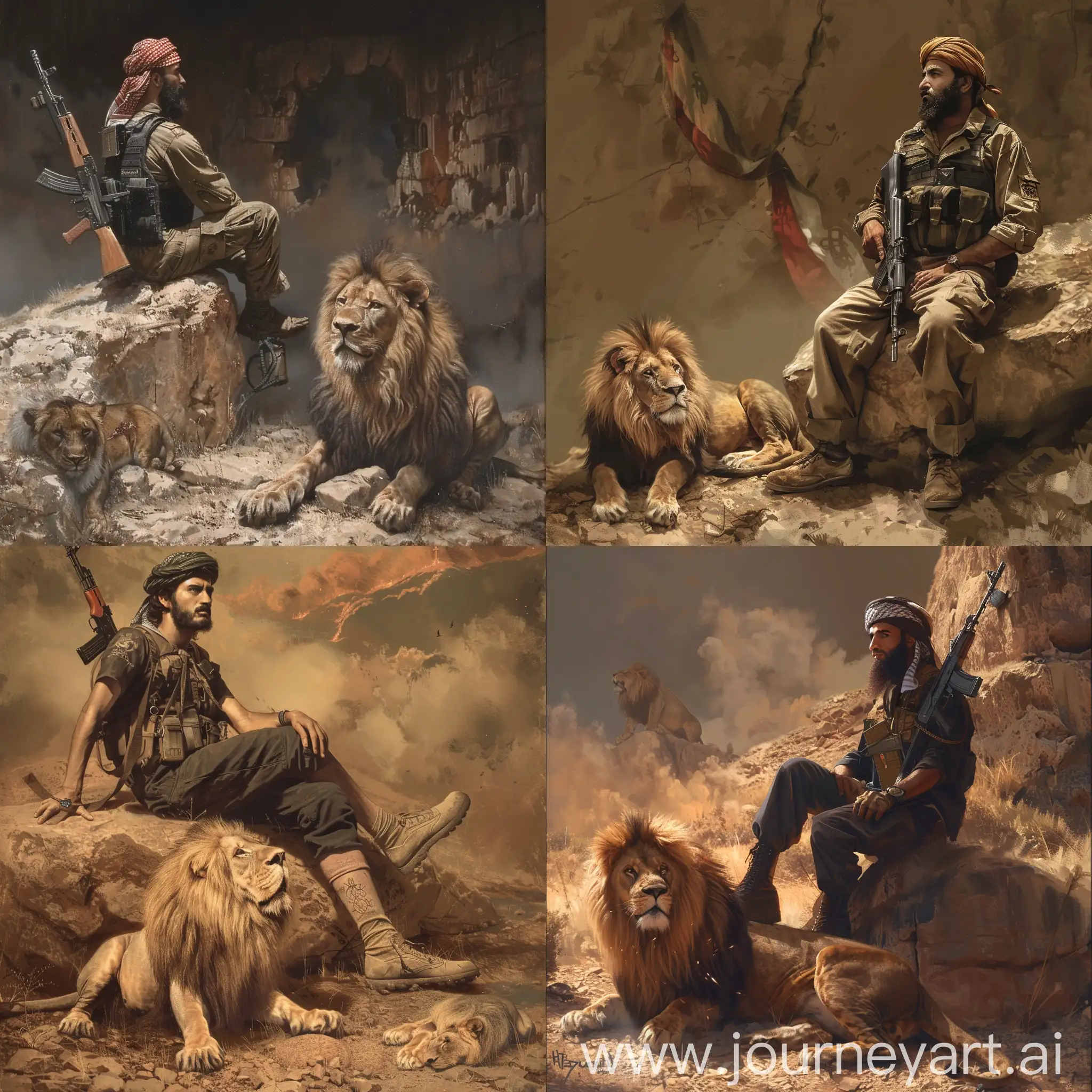 A Hezbollah fighter sits on a rock with a Kalashnikov on his thigh, and there is a lion sitting on the ground in front of the fighter
