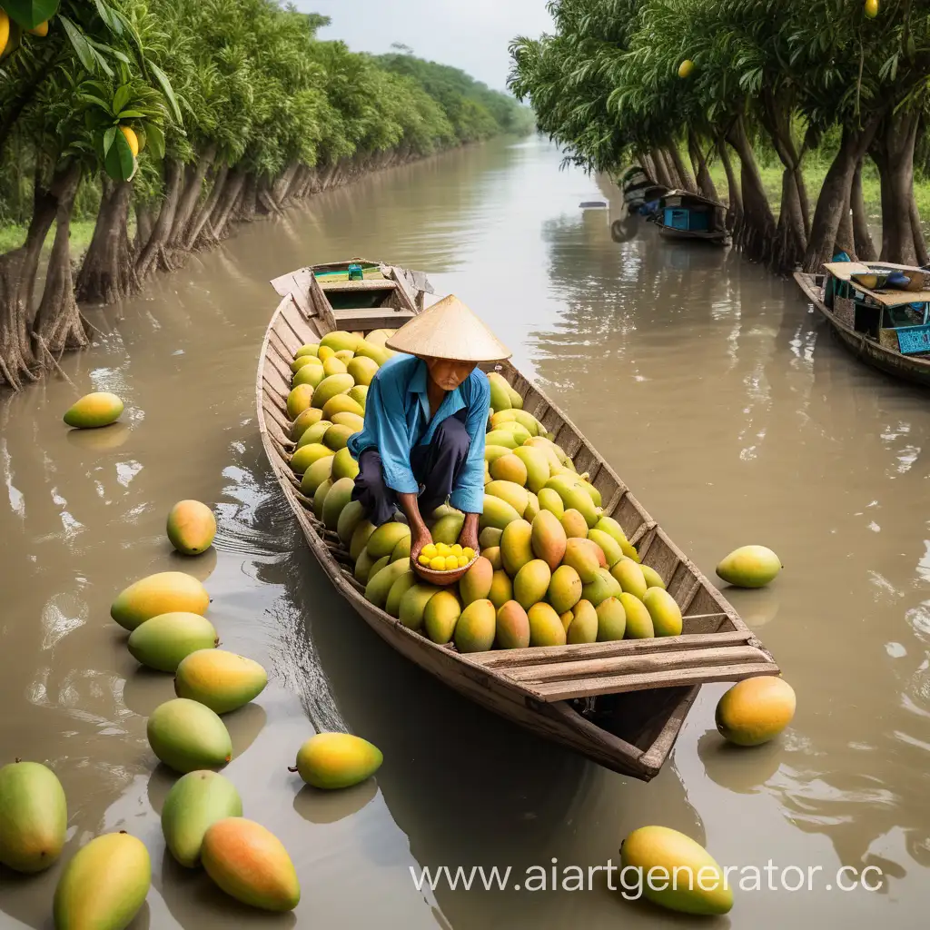 Vietnamese-Mango-Collector-Floating-on-River-with-Ripe-Yellow-Mangoes