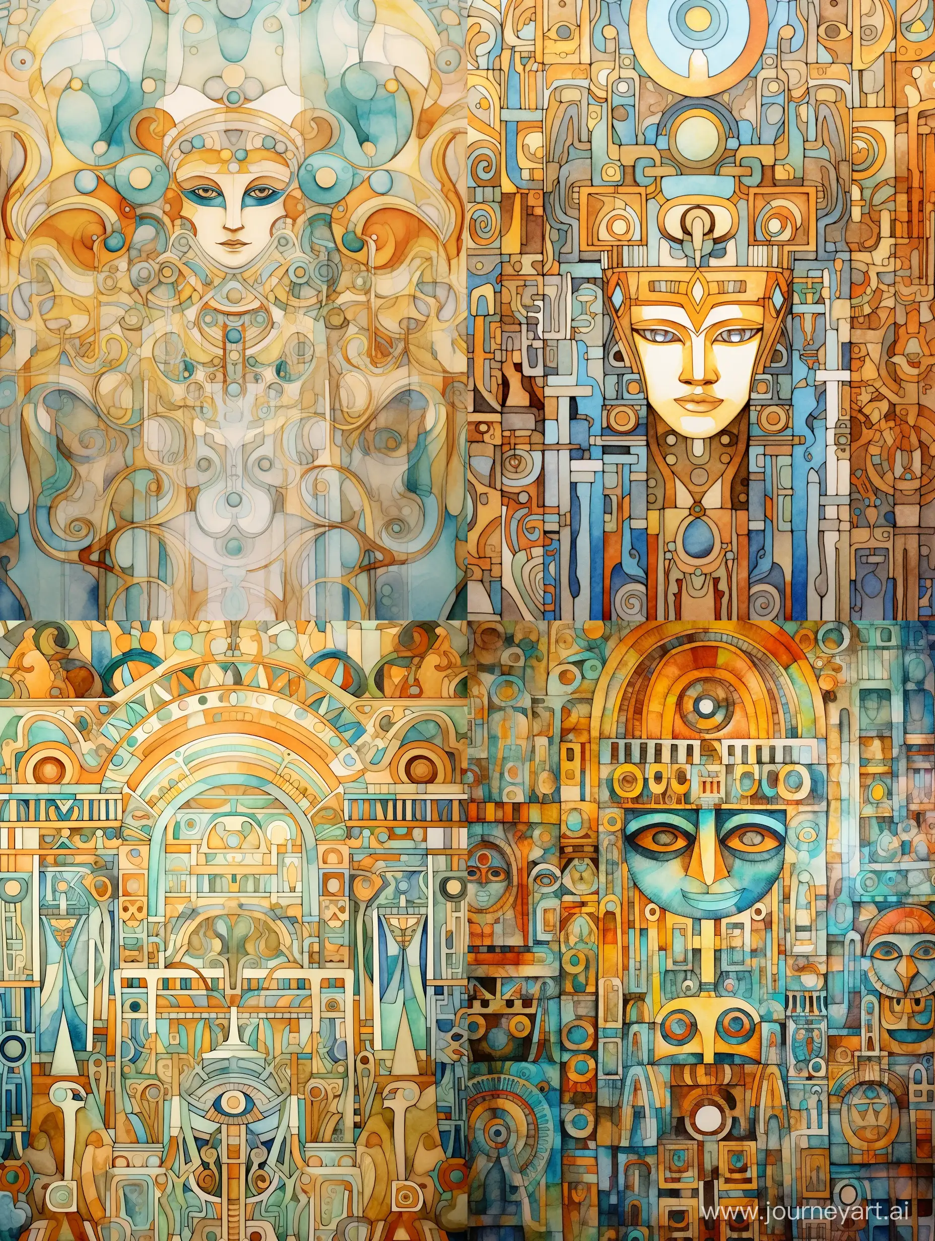 On old paper, barely noticeable outlines of the ornament of an ancient Egyptian city, delicate, transparent colors, linear, many details, colors of ochre, orange, yellow, turquoise, light brown, blue, stylized caricature, watercolor, decorative, flat drawing