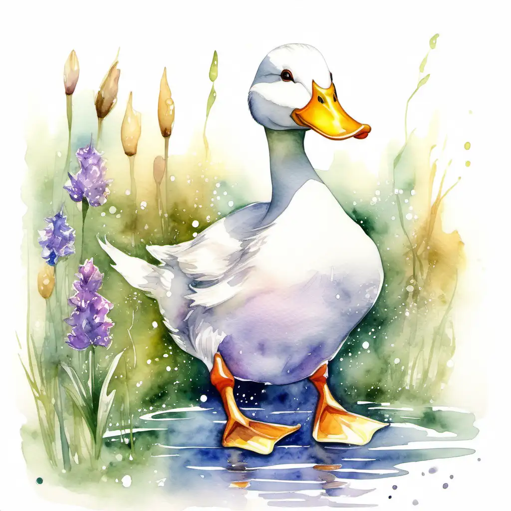 Happy Duck Watercolor Painting on White Background
