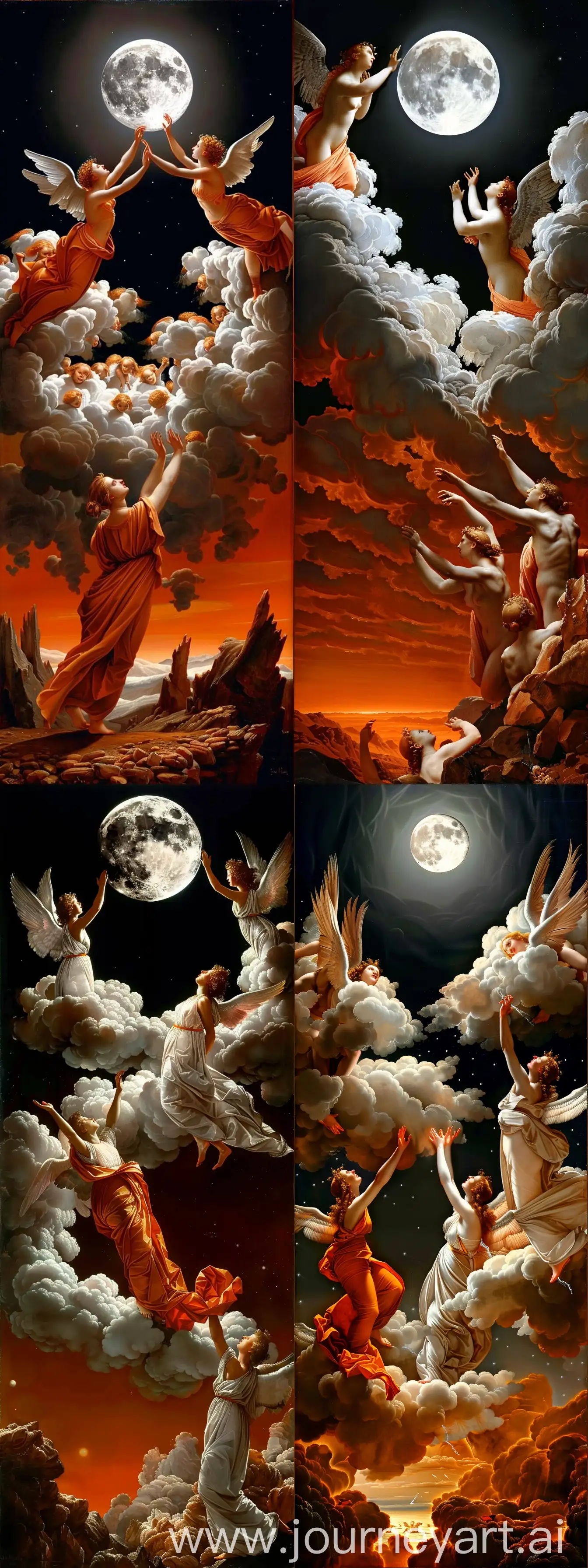 A Renaissance painting of the human world reaching up to the night sky with three angels in the clouds and the bright moon in the background --sref https://i.pinimg.com/originals/4b/6f/8f/4b6f8f57b3c028fae7c645ecd4ae16f0.jpg --v 6 --ar 6:16  --style raw