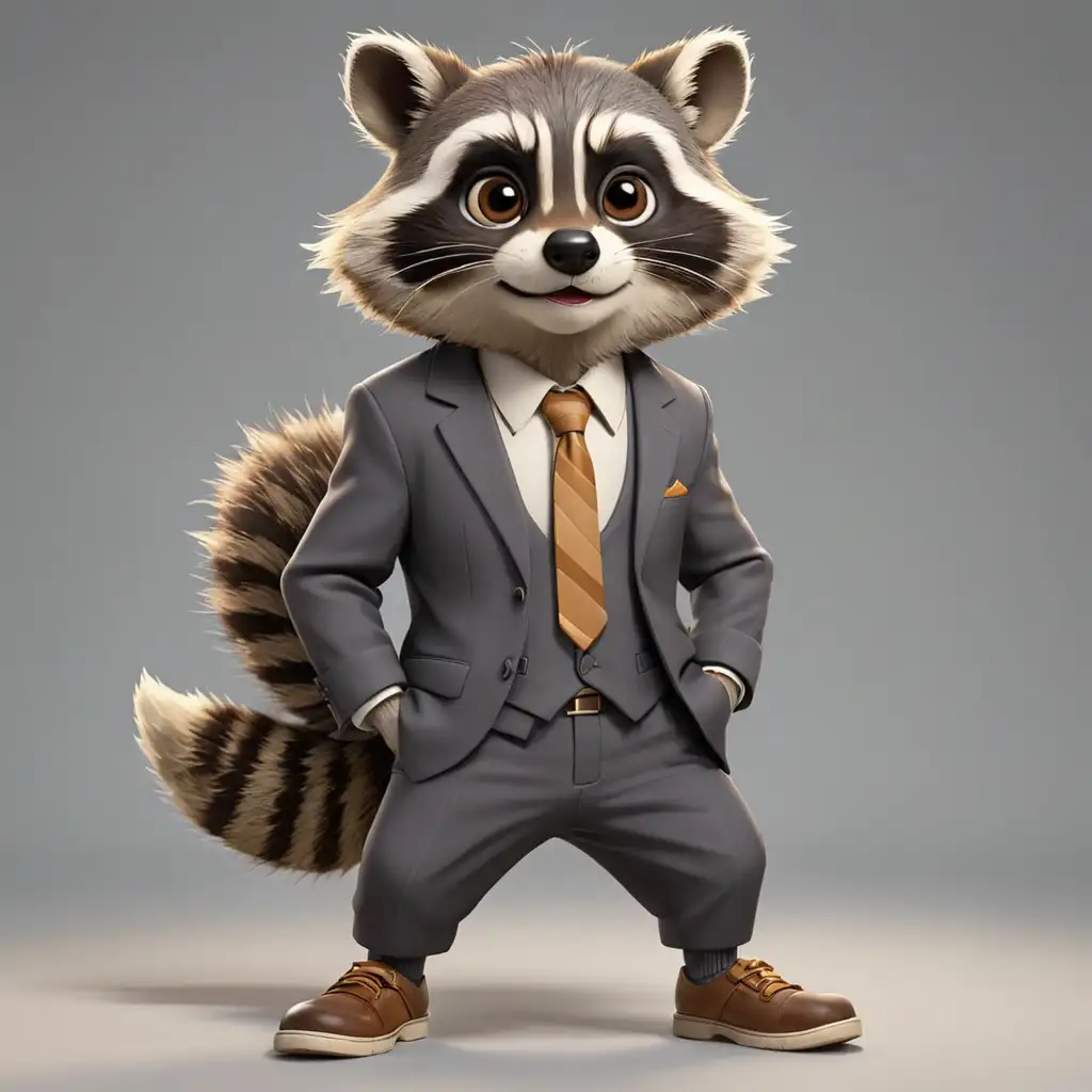 A raccon in cartoon style, full body, suit clothes with shoes, with clear background