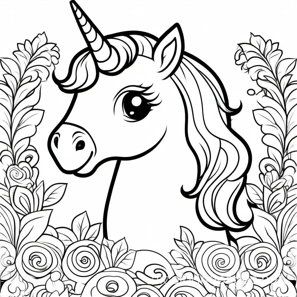 cute unicorn, Coloring Page, black and white, line art, white background, Simplicity, Ample White Space. The background of the coloring page is plain white to make it easy for young children to color within the lines. The outlines of all the subjects are easy to distinguish, making it simple for kids to color without too much difficulty