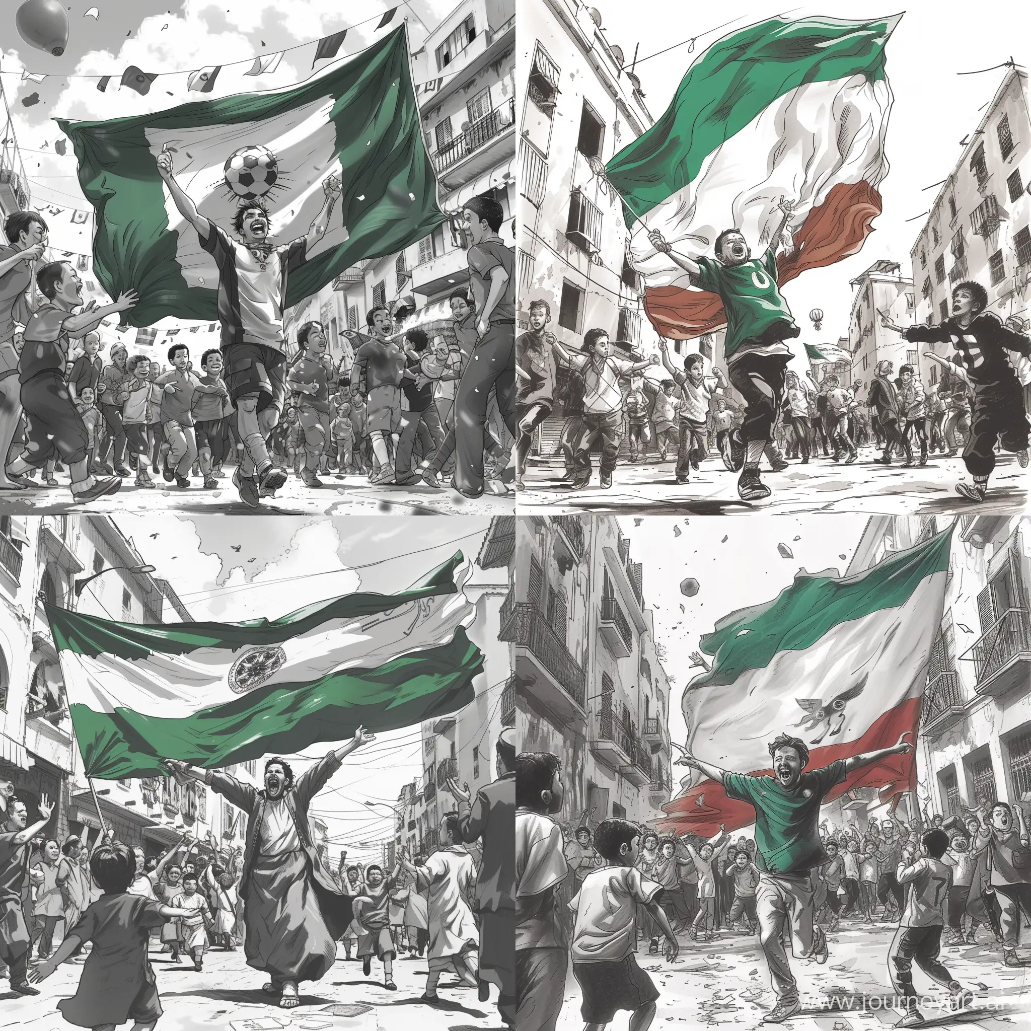 algerian guy in the street celebrating the victory of the national football team with a huge algerian flag surrounding by people and kids happy. Manga version 
