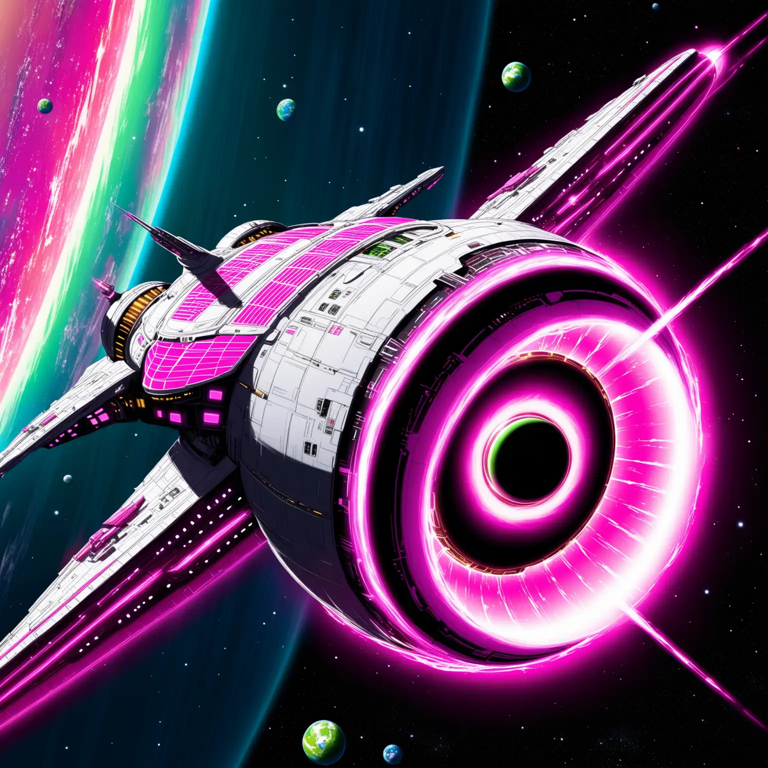 An alien spaceship cruiser powering up in orbit, pink energy ring, green planet 