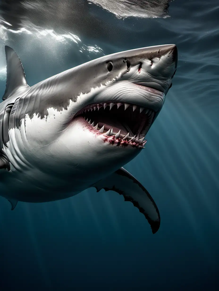 Majestic Great White Shark Encounter Realistic CloseUp in Ocean Waters