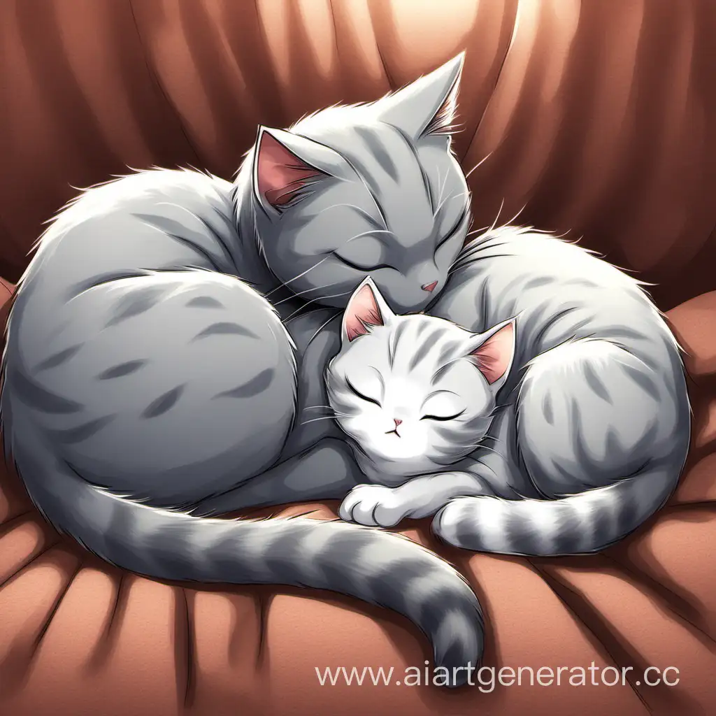 Adorable-Gray-Kitten-Sleeping-Next-to-Mother-Cat