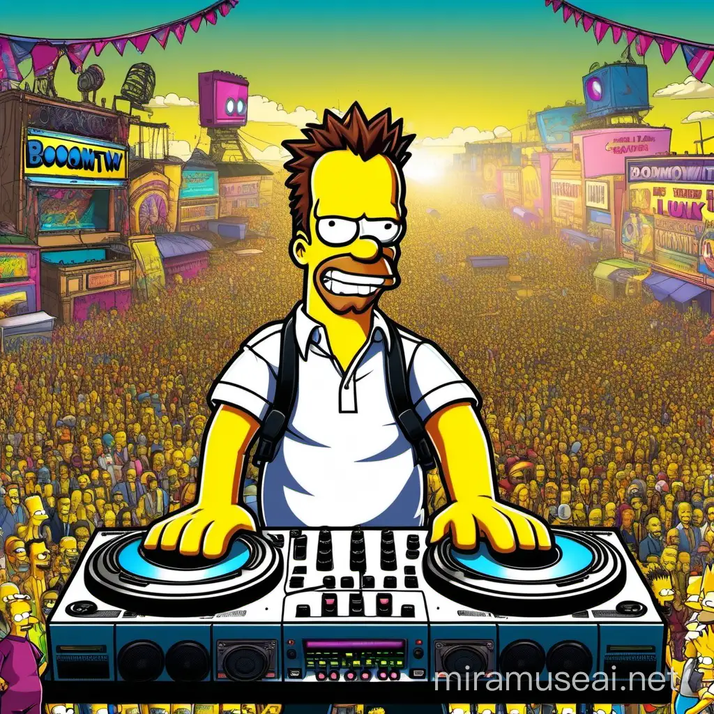 simpsons cartoon with Tony Stark as a DJ playing at  BOOMTOWN UK Festival Rave