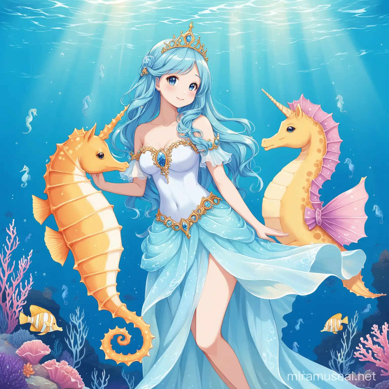 a sea princess and a seahorse in the sea