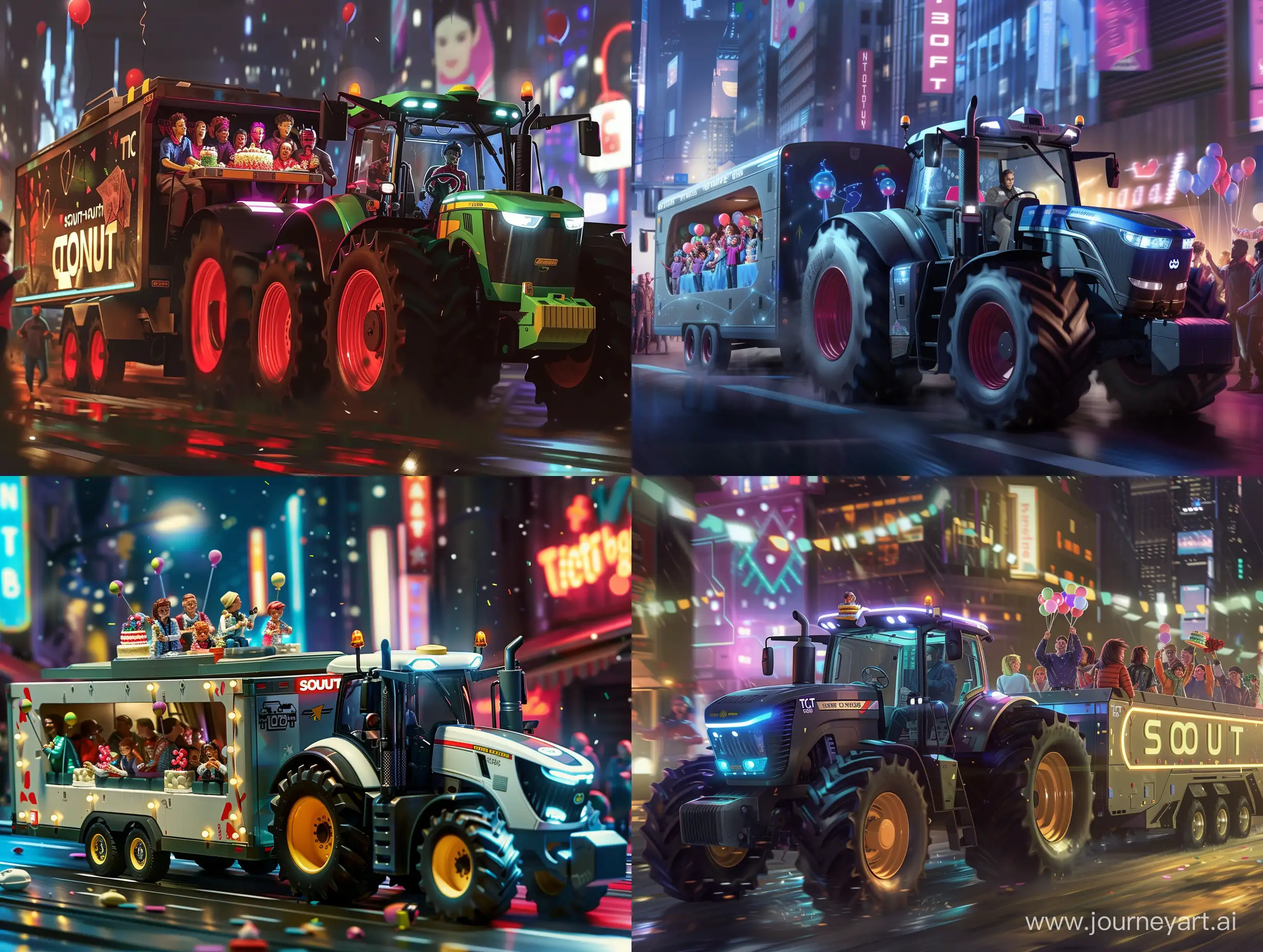 Futuristic-City-Night-Parade-Celebrating-Company-Birthday-with-TractorDriven-Trailer