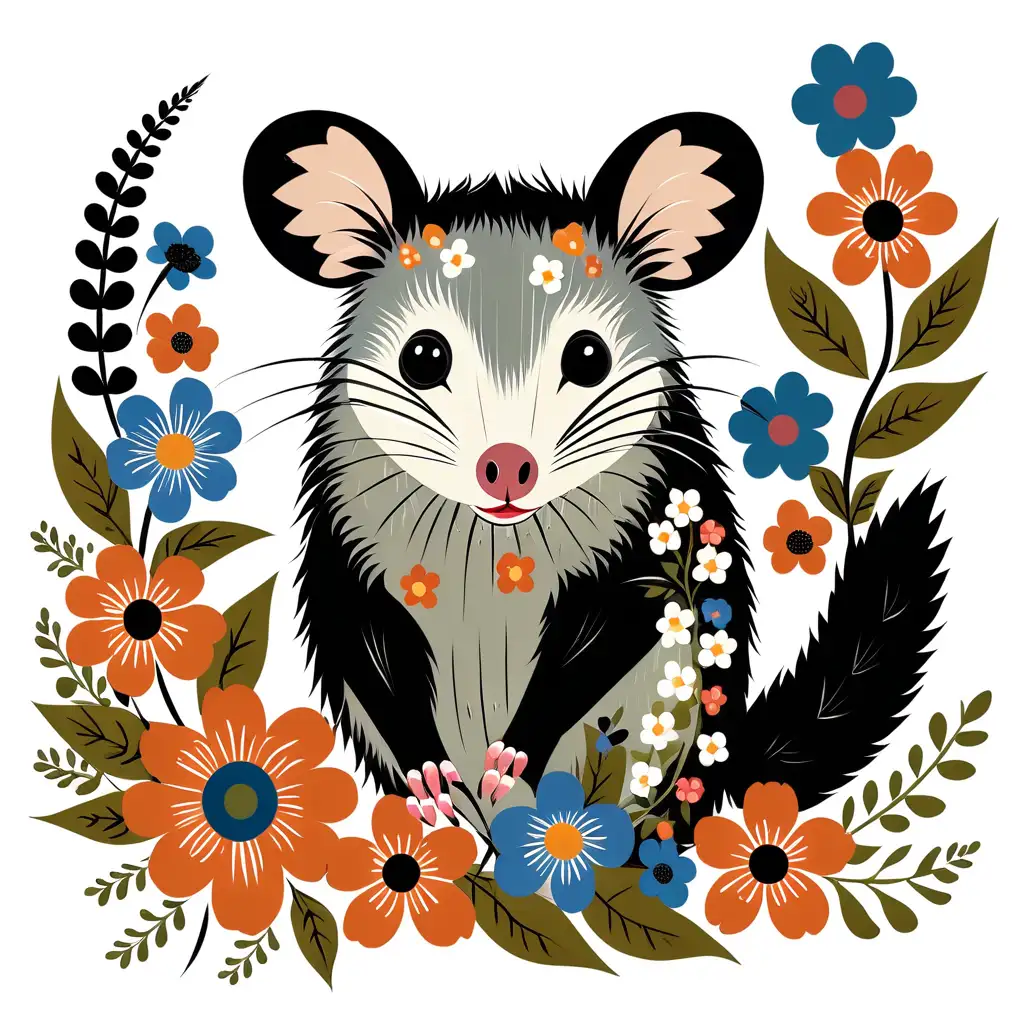 Whimsical Possum Illustration with Floral Accents on White Background