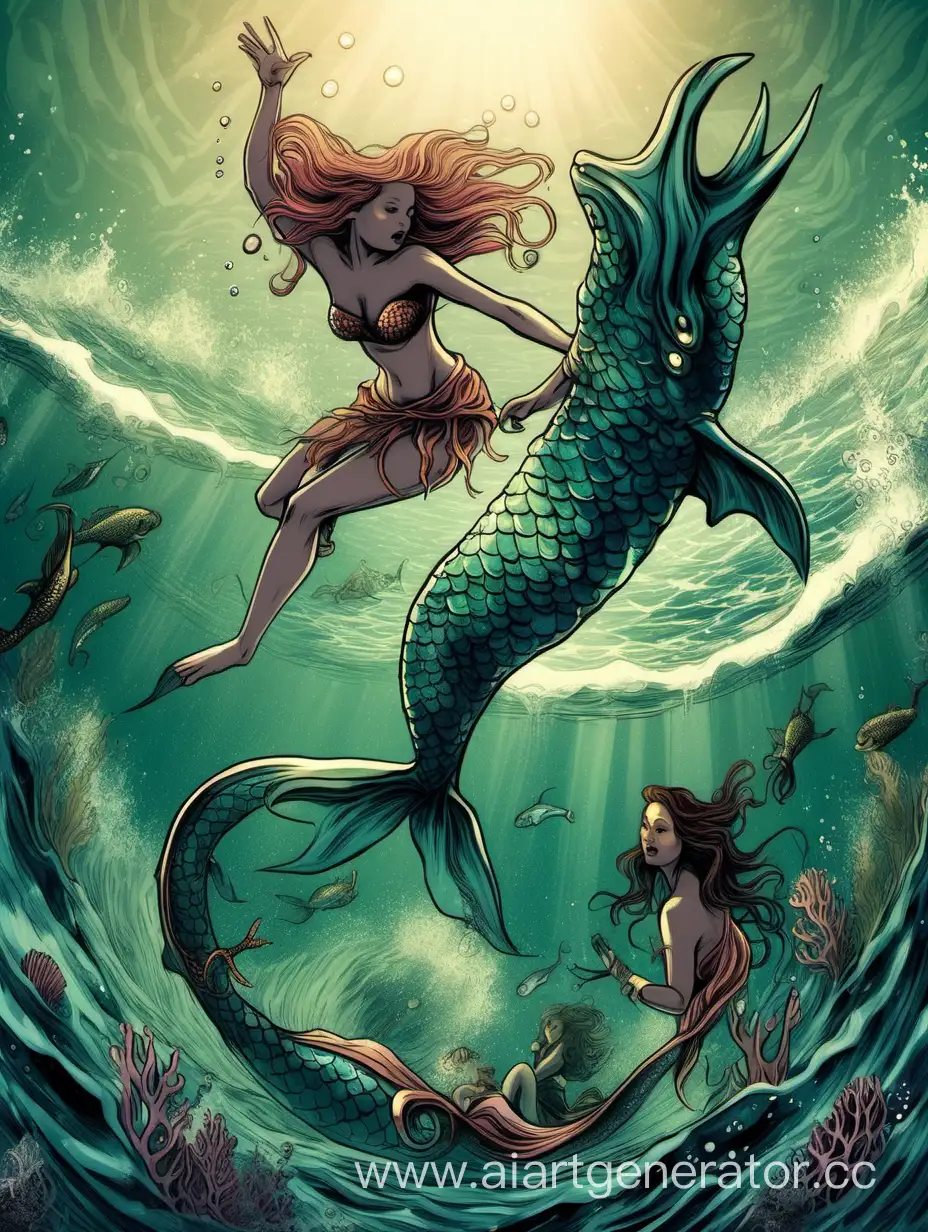 mythical sea creature attacks mermaid