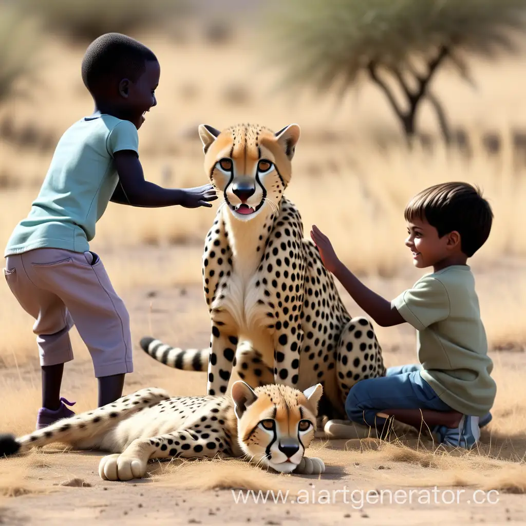дети играют с гепардом и пумой