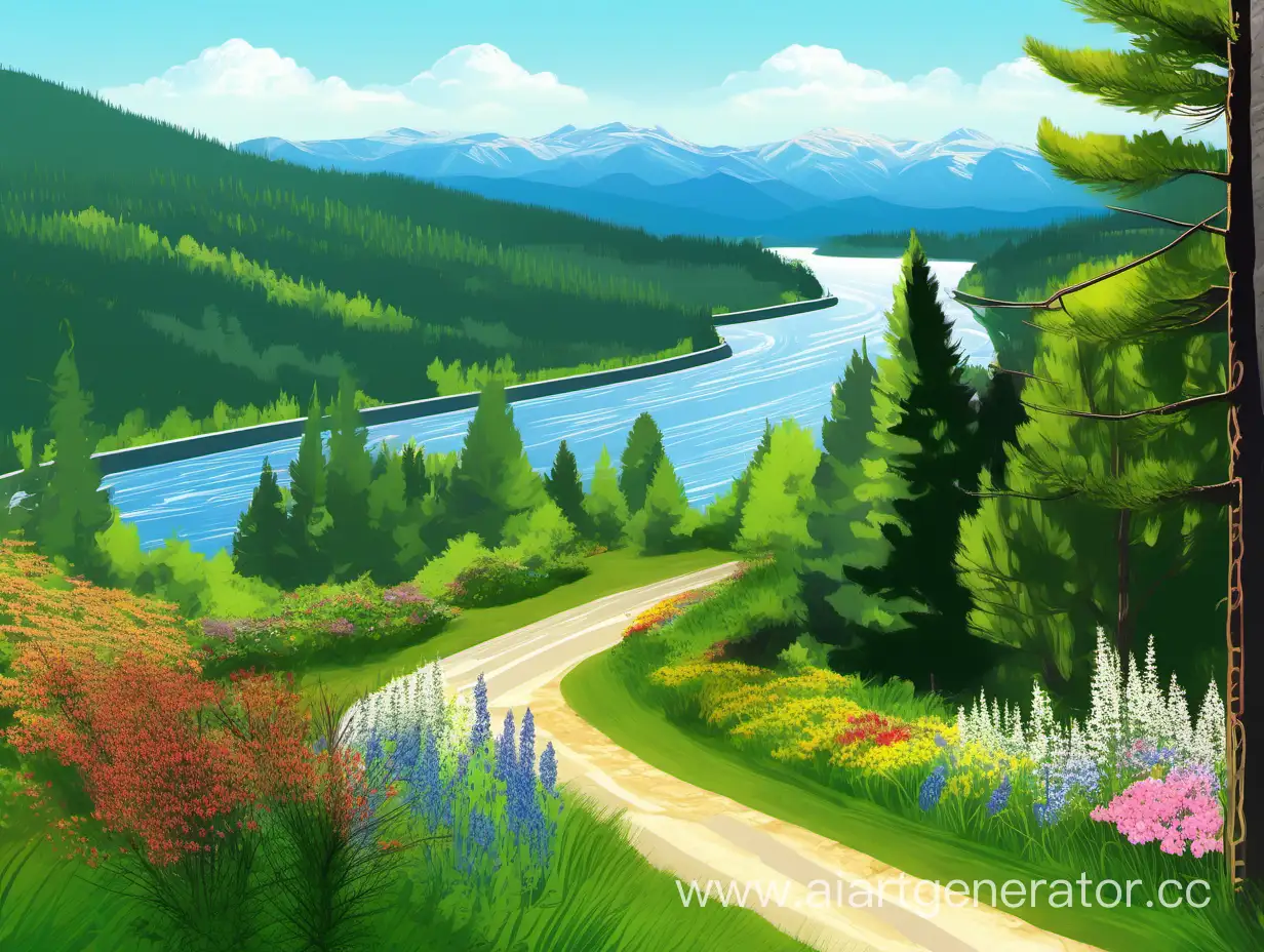 Tranquil-Nature-Scene-Serene-River-View-with-Pine-Trees-and-Wildflowers