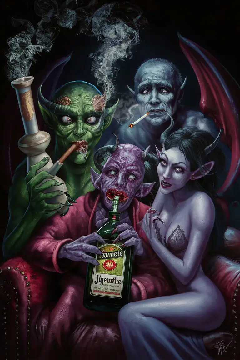 create an image of 4 demons sitting on the same couch.
The first is smoking cannabis from a bong, the second one is smoking a sigarette, the third one is drinking from a jager bottle, the third one is instead a really seducing girl who is trying to seduce the others.
Every one of the 4 have to fisically rapresent the feeling of that drug by having a demonic appearance.