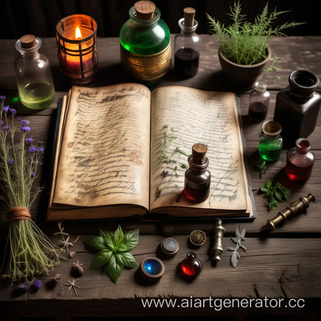 древний дневник на деревянном столе с зельями и травами