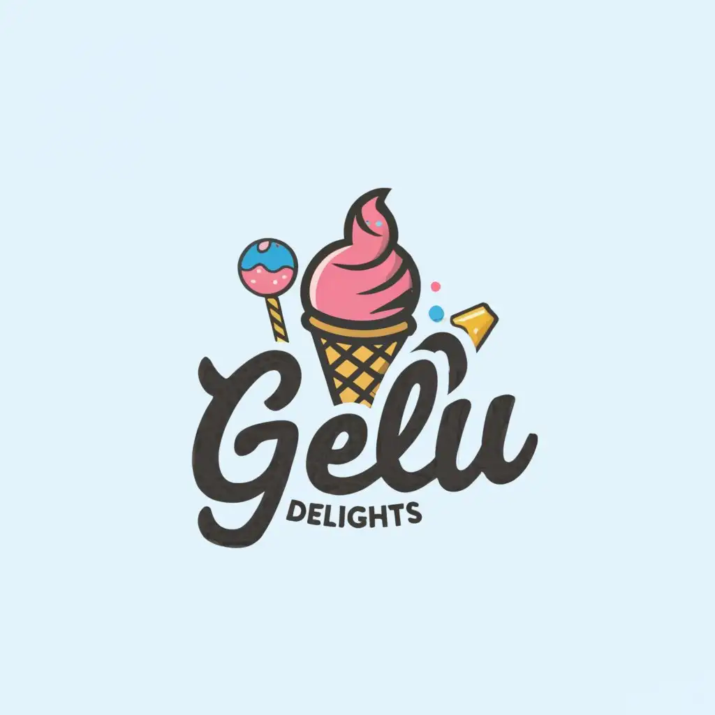 a logo design,with the text "gelu delights", main symbol:ice cream, ice candy and ice scramble,Minimalistic,clear background