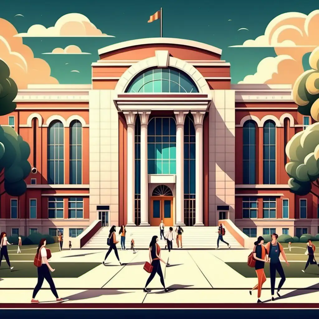 Vibrant College Campus Activity with Art Deco Style Library