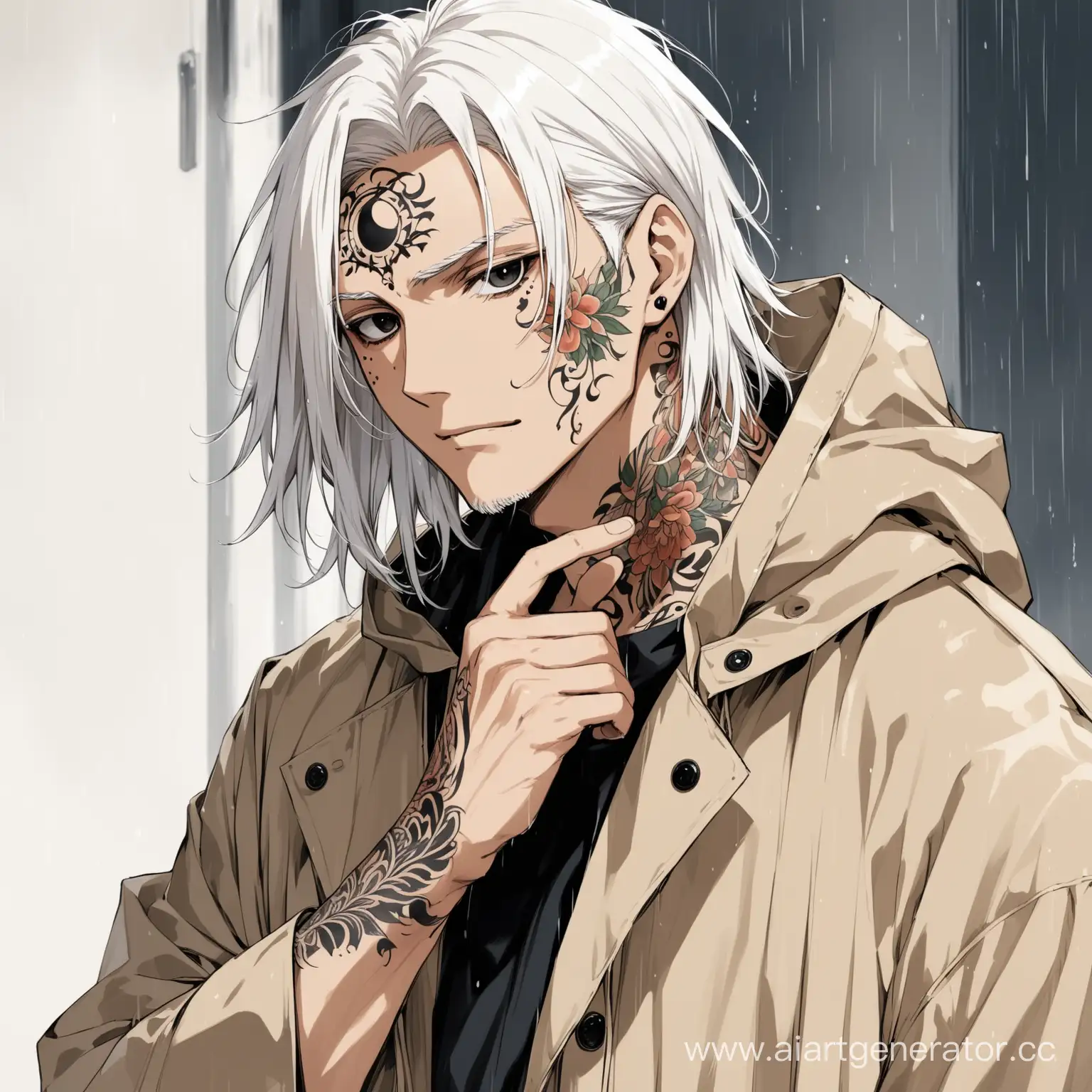 anime, man, long white hair, bristle, black eyes, long beige raincoat, tattoo on face and right hand 