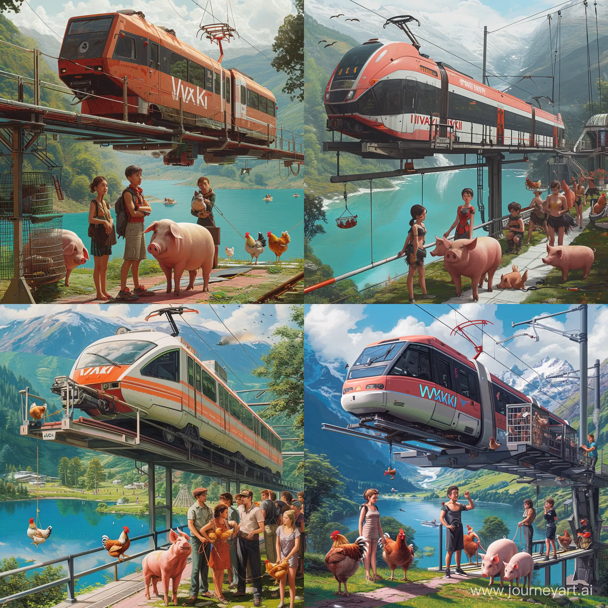 Futuristic-IVAKI-Monorail-Overlooking-Lake-with-Youthful-Livestock-Gathering