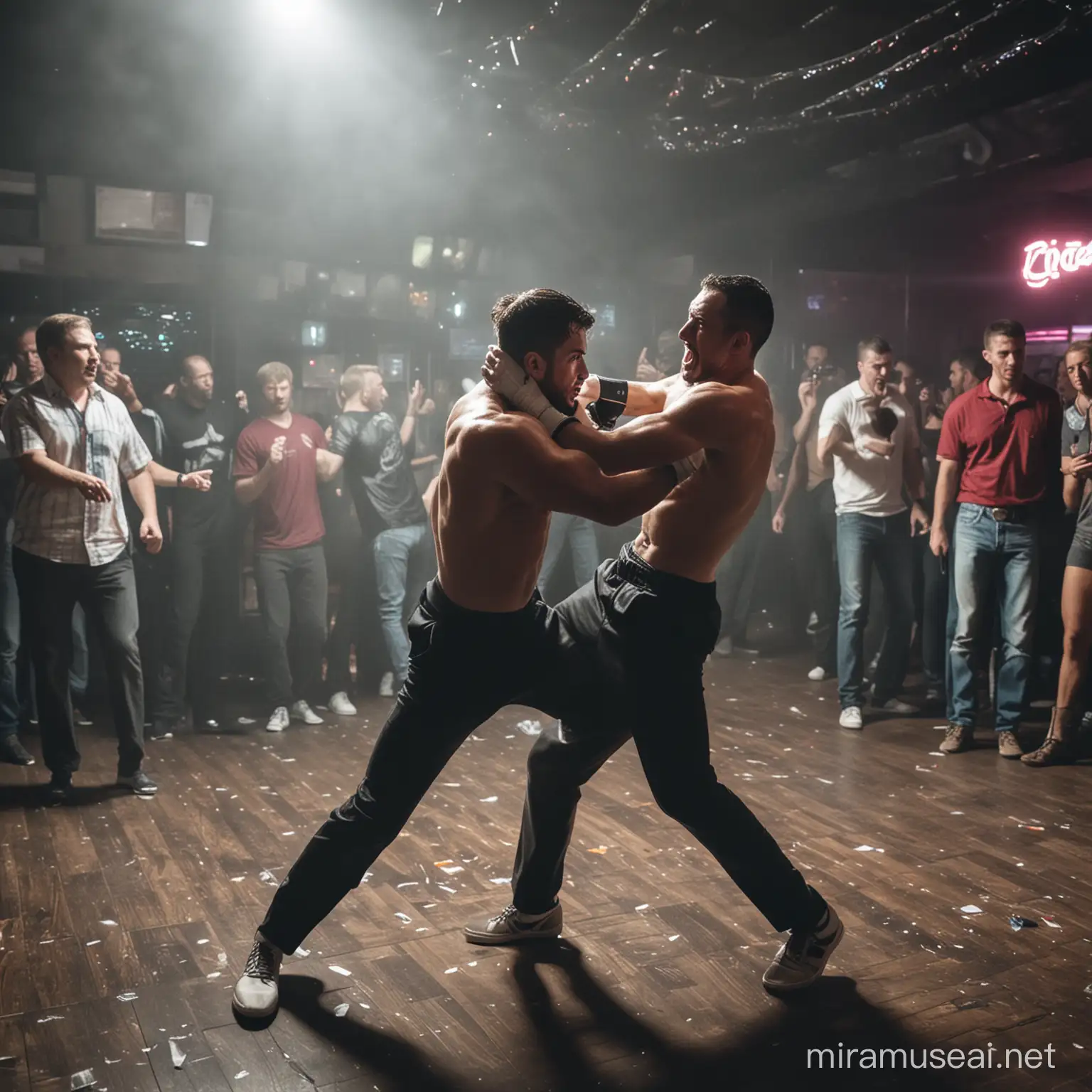 Intense Nightclub Brawl Two Men Engaged in a Fiery Fight