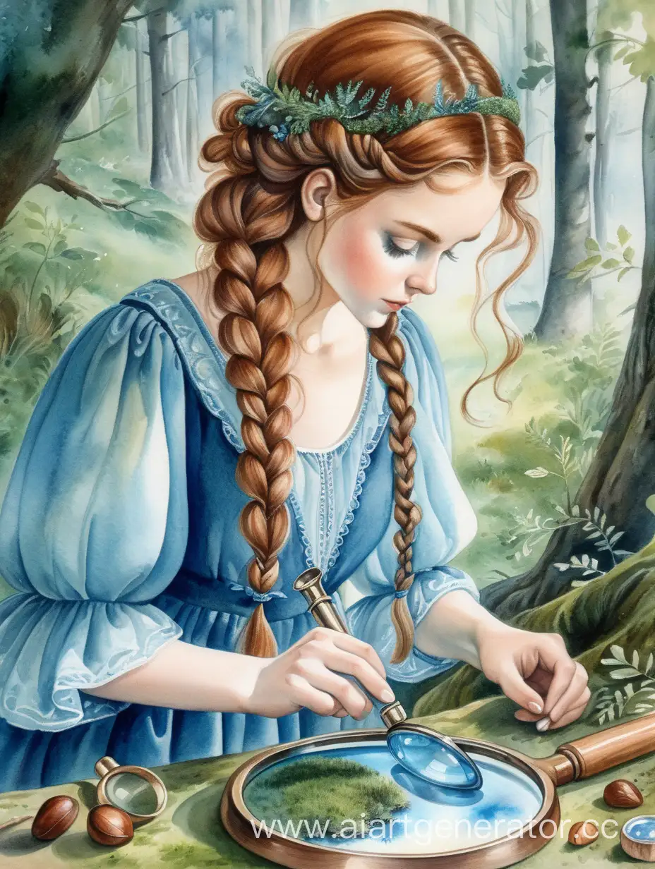 Ультра-детализация, мягкая акварель, яркая акварель, женщина славянская внешность, в длинном синем платье, каштановые волосы, коса, локоны, лес, мох, девушка рассматривает через большую лупу мелкий камень на столе, 