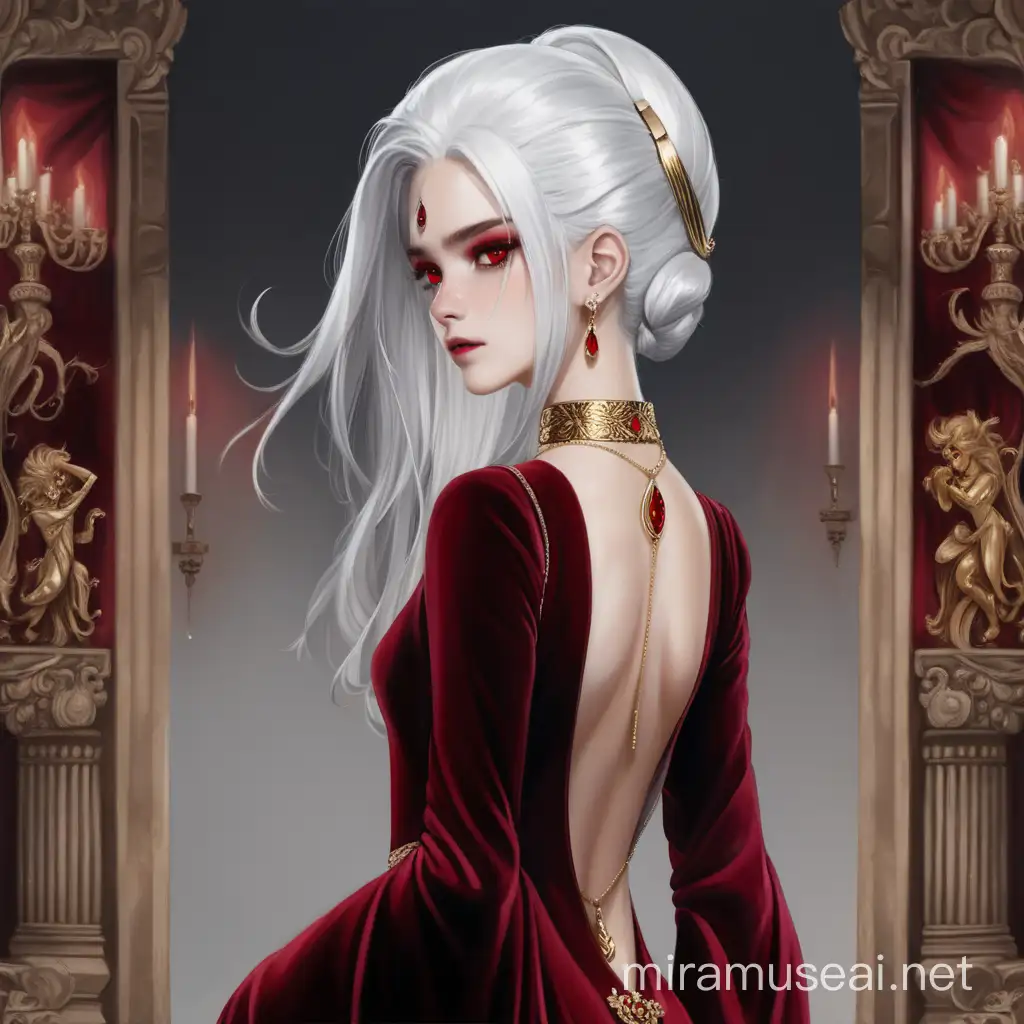 A woman with white hair and red eyes in a red long velvet dress with a slit in the back and gold jewelry in her hair