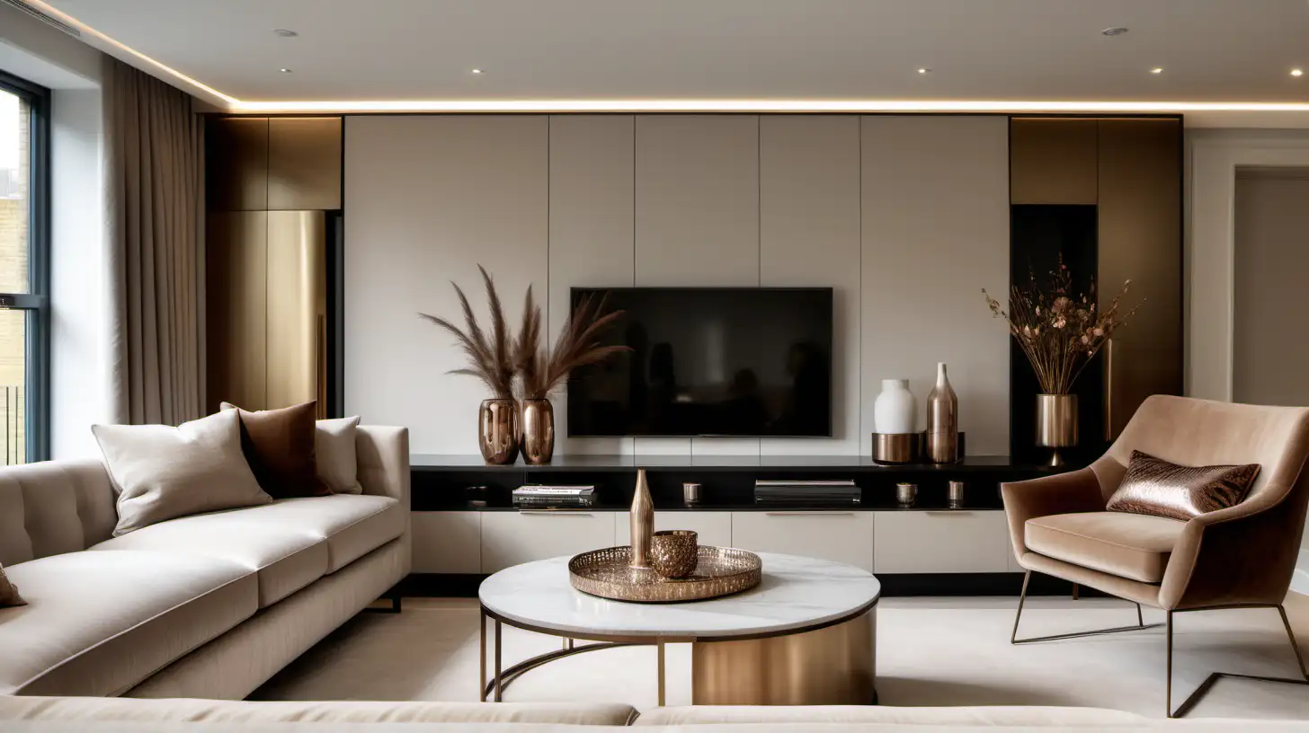 Editorial style photograph of a modern luxury living room, neutral furniture with brown and bronze accents, low ceiling, sofa with 2 arm chairs in a new build apartment in London, super realistic photo 8k