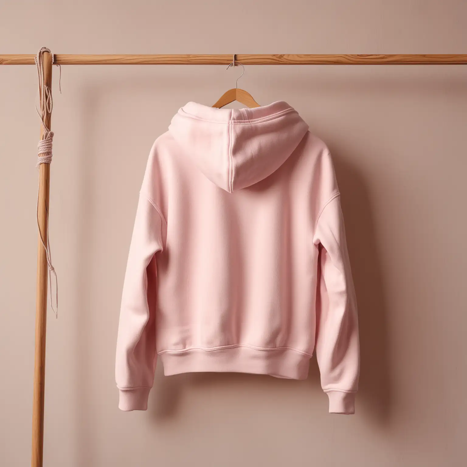 blank back of light pink hoodie on hanger,  hanger is hanging on a wooden pole in an aesthetic room
