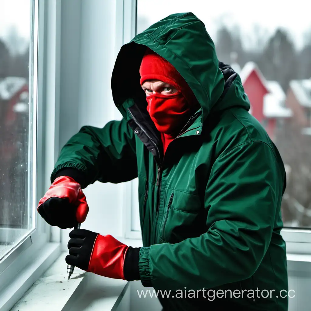 Middle aged man in red black gloves dark green jacket in hood drill the windowsill