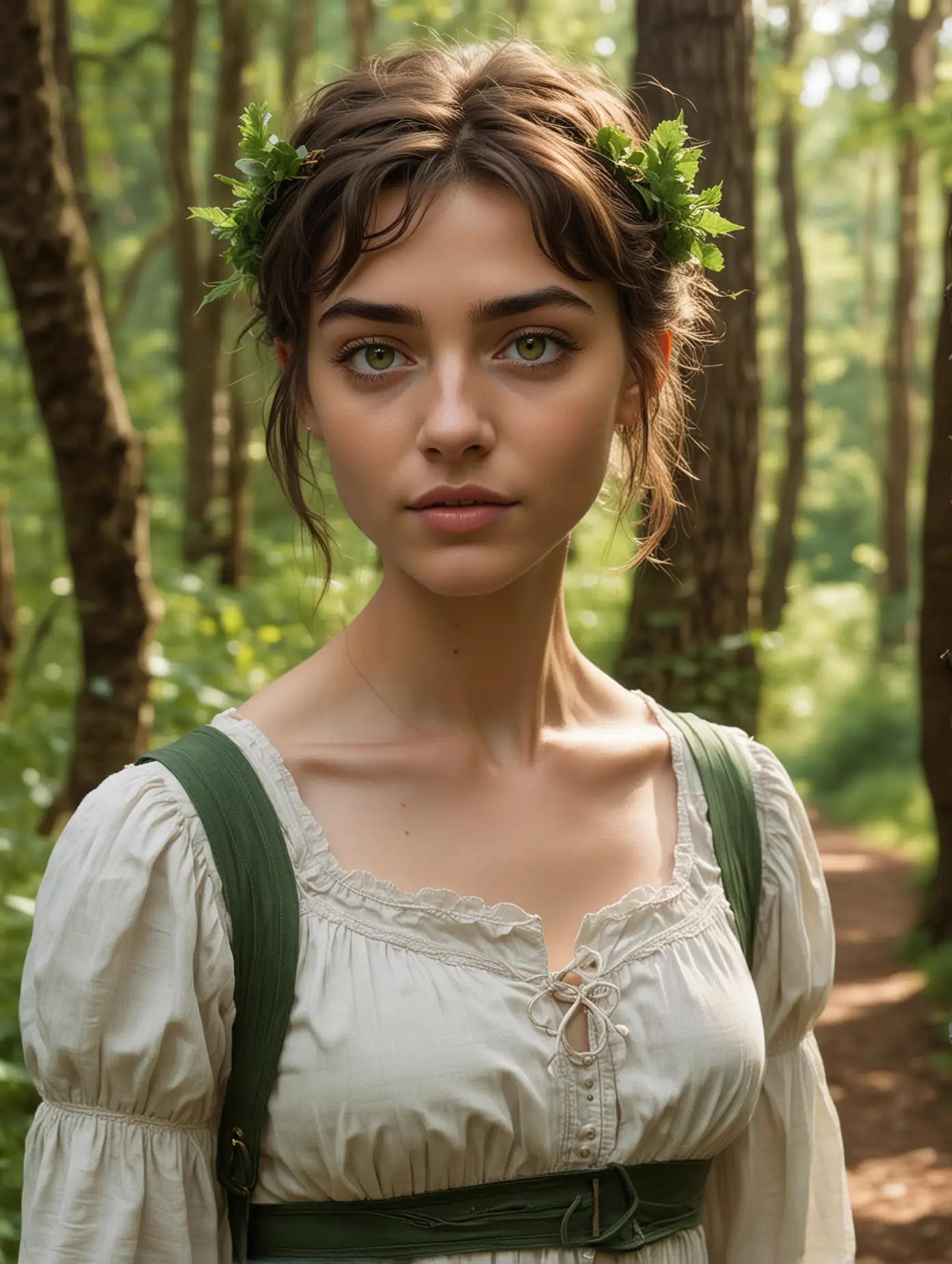 An androgynous female character, descendant of human and dryad blending, delicate and petite, having deep green skin and large, hazel eyes, standing on a forest path with an expression of amusement and intelligence.