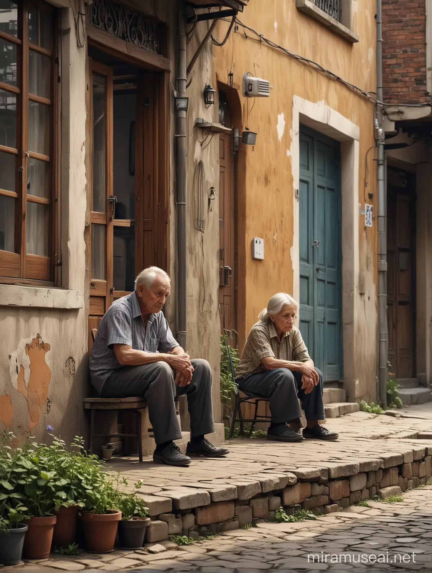 Create an image of couples old parent, sitting on the house terrace, the expression is sad, the house beside the old street in little village, high definition photograph, ultra detailed, hyper realistic, uhd