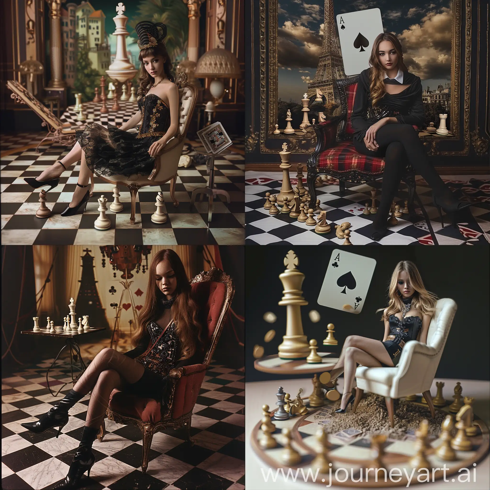Fashion-Photography-Girl-in-Chair-with-Chess-Path-and-Poker-Card-Background