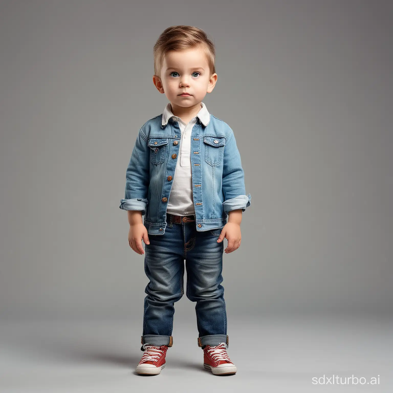 Little child fashion photographer, game character, stands at full height