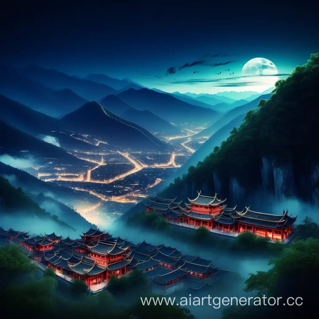 Древнекитайский ночной город в горах, за лесом в далеке