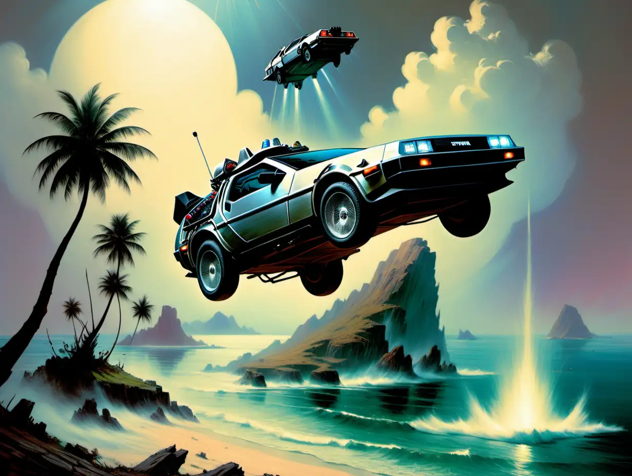 Delorean car flying over a  magical island Frank Frazetta style