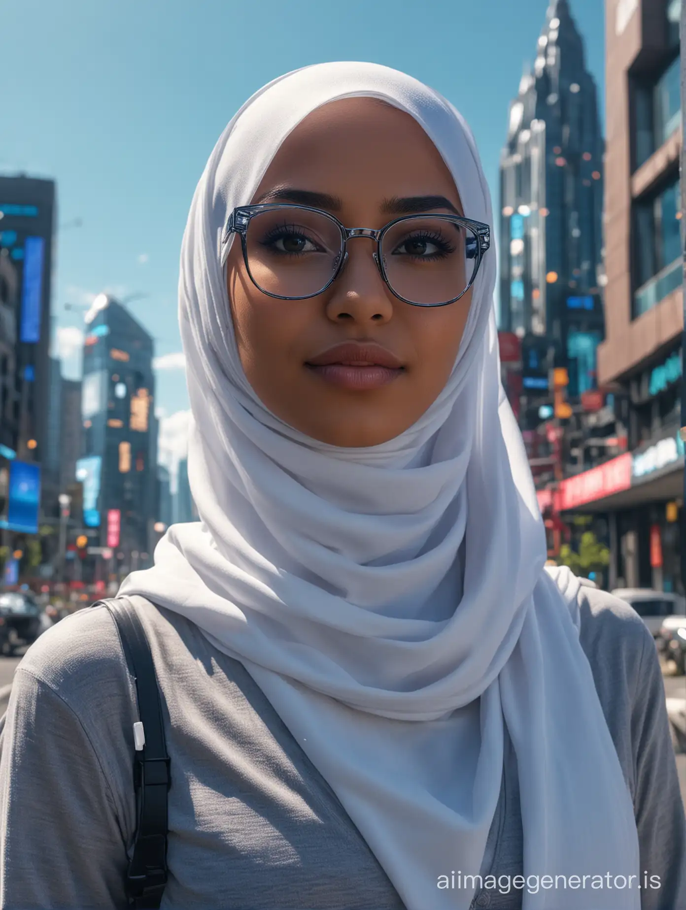 full body, medium angle, a beautiful malay Muslim woman, wearing clear glasses with black frames, wearing hijab, perfect for a warm day. Behind her is a bright blue sky, indicating good weather and perfect for an outdoor walk. located in a modern futuristic city park with cyberpunk effects, neon lights, realistic, detailed, sharp colors, cgi effect, with added rain in the background, robots around, canon eos