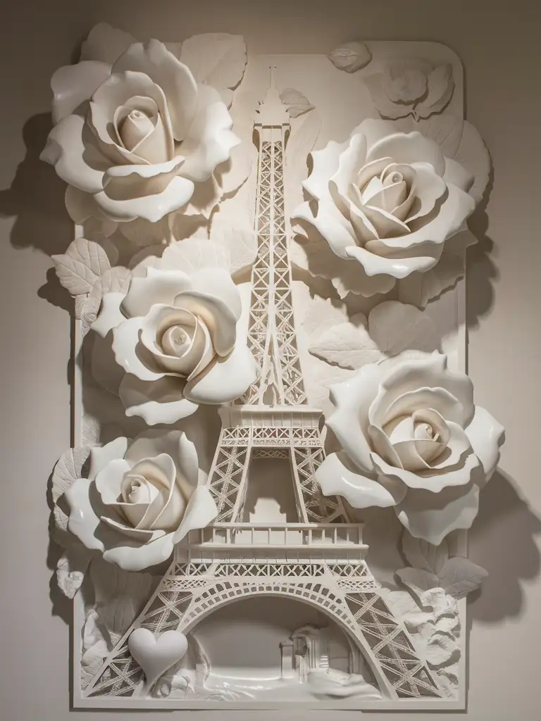 white basrelief sculpture  of one eiffel tower and huge roses flowers in romantic style