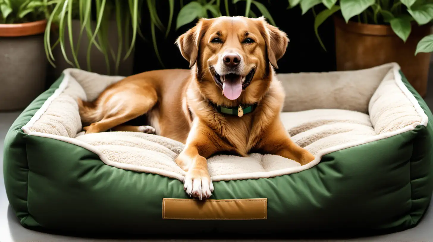 Cozy Canine Retreat Happy Dog on Muted Browns and Forest Greens Dog Bed